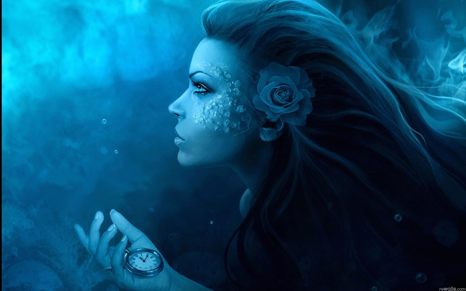 women, Fantasy, Blue, Fiction, Flowers, Clocks, Artwork, Watches, Faces Wallpaper