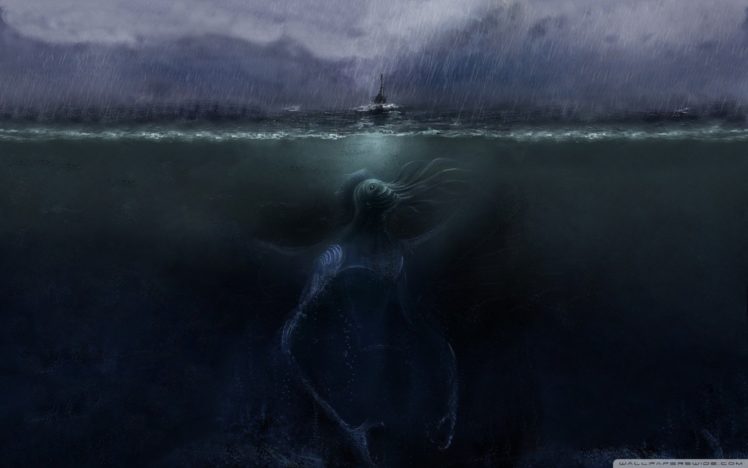 monsters, Rain, Cthulhu, Ships, Hp, Lovecraft, Artwork, Apocalyptic, Split view, Sea HD Wallpaper Desktop Background