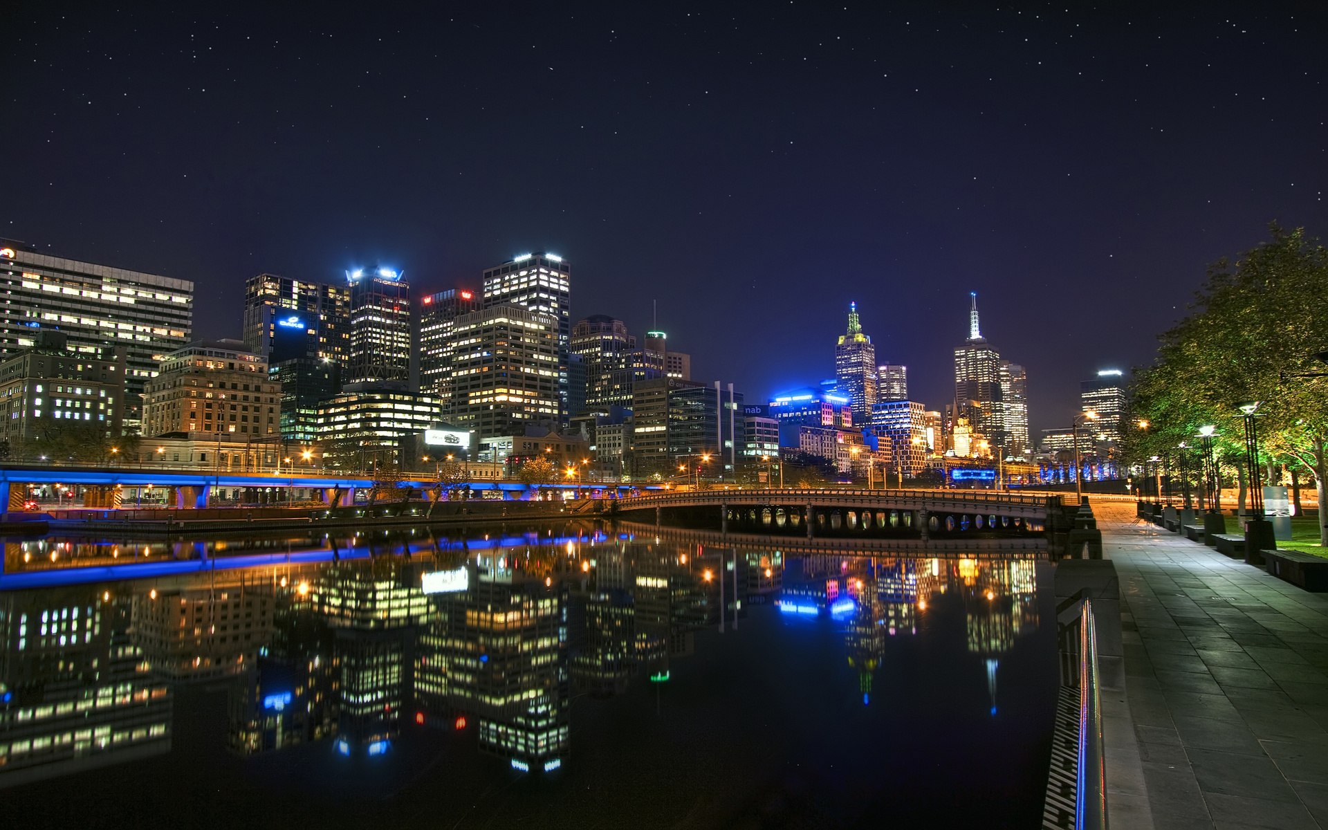 melbourne, Australia, World, Cities, Skyline, Cityscape, Hdr, Rivers, Water, Canal, Night, Lights, Reflection, Color, Path, Sidewalk, Walk, Park, Sky, Stars, Scenic, View, Window Wallpaper