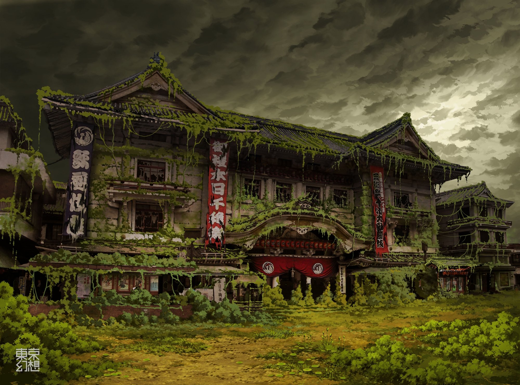 tokyo, Ruins, Post apocalyptic, Buildings, Artwork, Overcast, Asian, Architecture, Ivy, Theatre, Abandoned, Banners, Tokyogenso Wallpaper