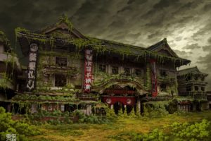 tokyo, Ruins, Post apocalyptic, Buildings, Artwork, Overcast, Asian, Architecture, Ivy, Theatre, Abandoned, Banners, Tokyogenso