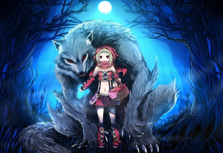 skirts, Little, Red, Riding, Hood, Red, Eyes, Anime, Anime, Girls, Wolves HD Wallpaper Desktop Background