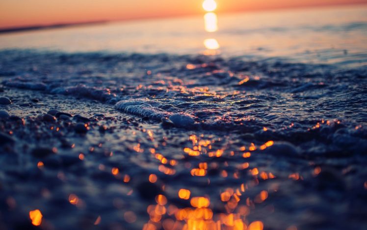 nature, Beaches, Sand, Foam, Waves, Shore, Tilt, Shift, Sparkle, Ripple, Ocean, Sea, Lakes, Sunset, Sunrise, Color, Wet, Sky, Bokeh HD Wallpaper Desktop Background