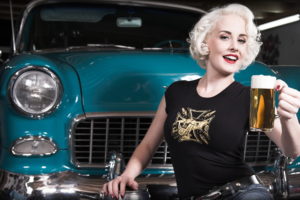 vehicles, Cars, Retro, Old, Classic, Muscle, Grill, Lights, Chrome, Blue, Chevy, Chevrolet, Women, Females, Girls, Models, Blondes, Face, Eyes, Expression, Smile, Beer, Drinks, Glass, Cup, Pose, Style