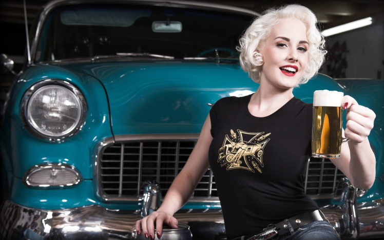 vehicles, Cars, Retro, Old, Classic, Muscle, Grill, Lights, Chrome, Blue, Chevy, Chevrolet, Women, Females, Girls, Models, Blondes, Face, Eyes, Expression, Smile, Beer, Drinks, Glass, Cup, Pose, Style HD Wallpaper Desktop Background