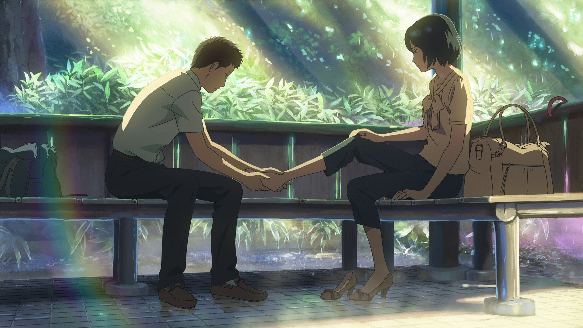 leaves, Feet, Bench, Makoto, Shinkai, Rainbows, Sunlight, Artwork