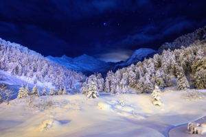nature, Landscapes, Mountains, Trees, Forests, Winter, Snow, Seasons, Bright, Bluecold, Sky, Stars, Scenic, Clouds, Moonlight, Light