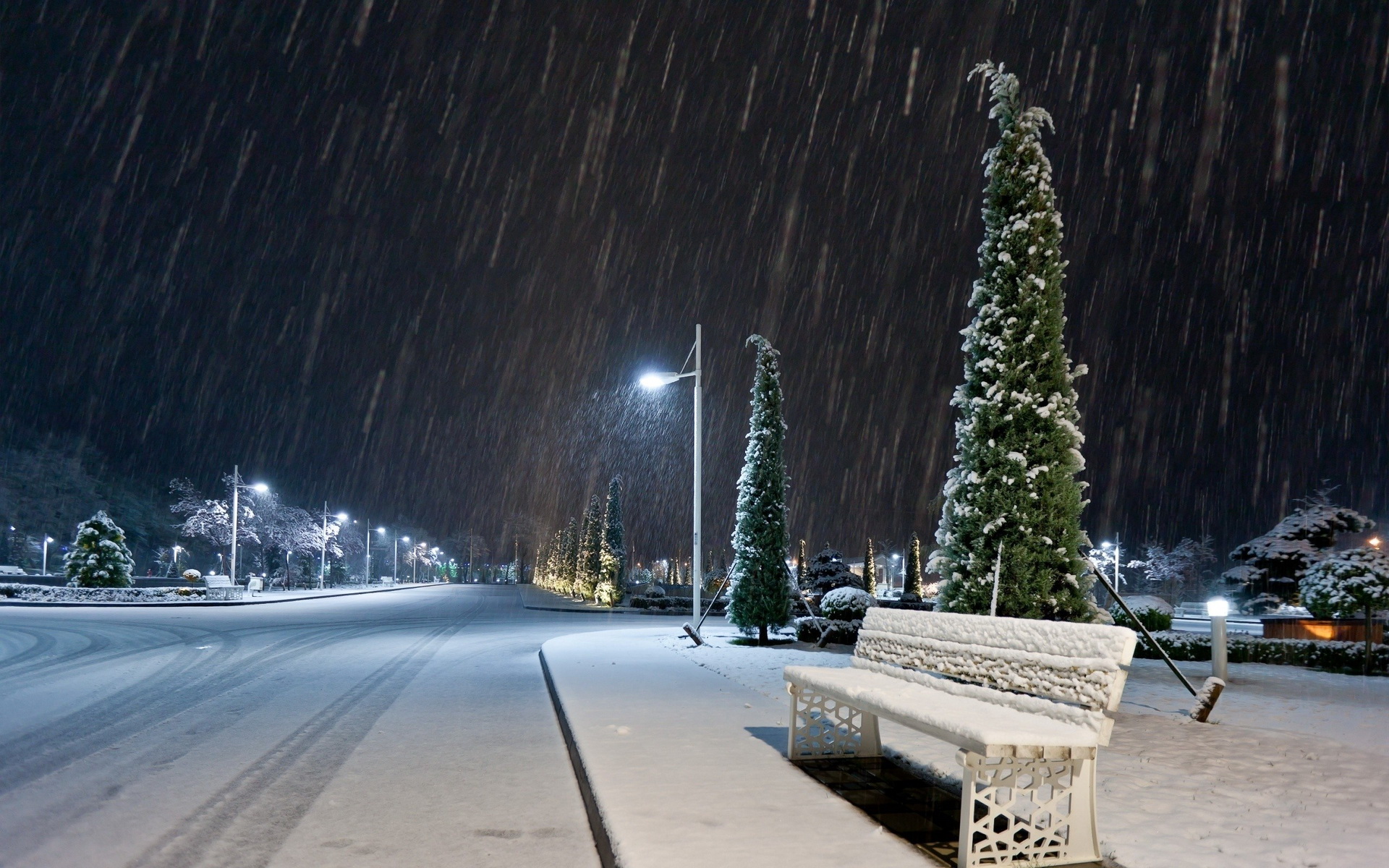 nature, Landscapes, Roads, Winter, Snow, Snowing, Bench, Night, Lights, Lamp, Post, Storm, Blizzard, Cities, Seasons Wallpaper