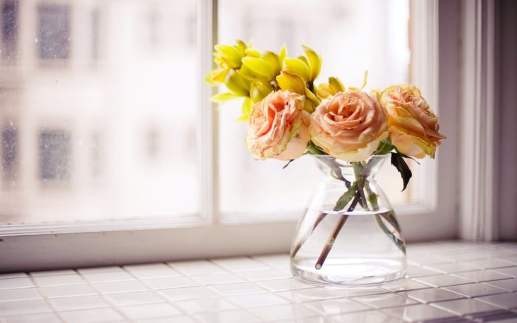 flowers, Roses, Vase, Yellow, Flowers, Windowsill HD Wallpaper Desktop Background