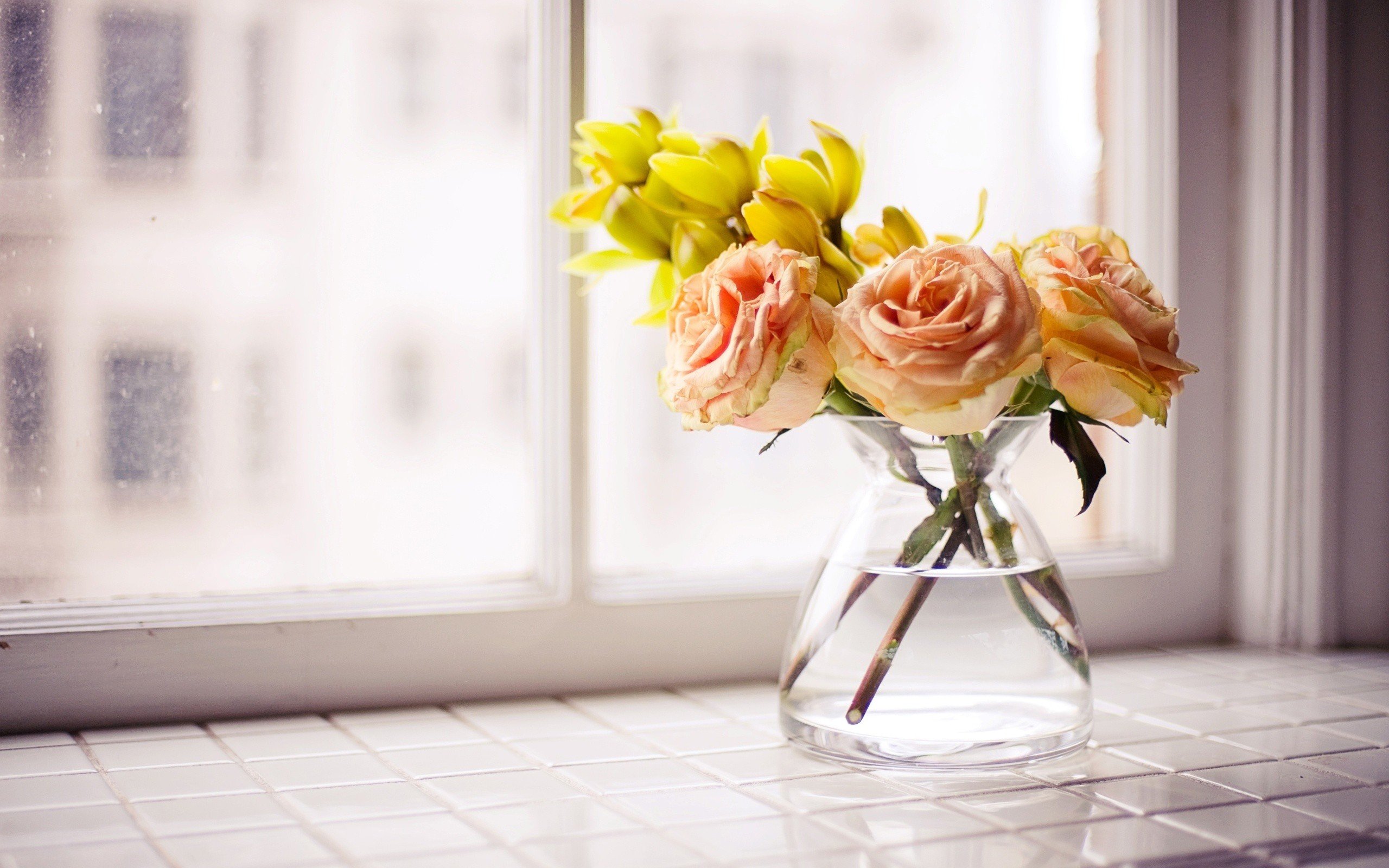 flowers, Roses, Vase, Yellow, Flowers, Windowsill Wallpaper