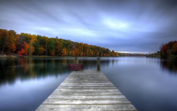 nature, Landscapes, Lakes, Water, Reflection, Dock, Pier, Shore, Hdr, Trees, Forests, Autumn, Fall, Seasons, Sky, Clouds, Signs, Leaves, Scenic HD Wallpaper Desktop Background