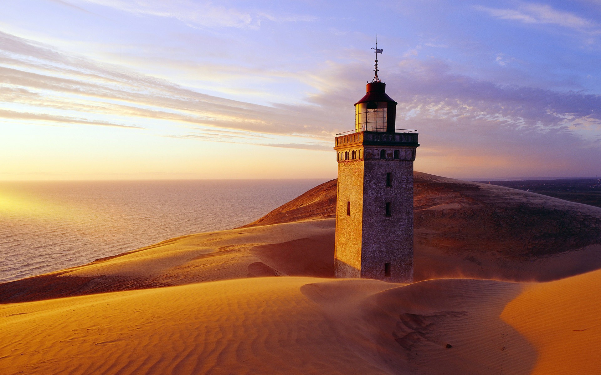 architecture, Buildings, Lighthouse, Lamp, Light, Hills, Landscapes, Sand, Dune, Sunset, Sunrise, Scenic, View, Ocean, Sea, Water, Sky, Clouds, Reflection, Glass, Window, Stone Wallpaper