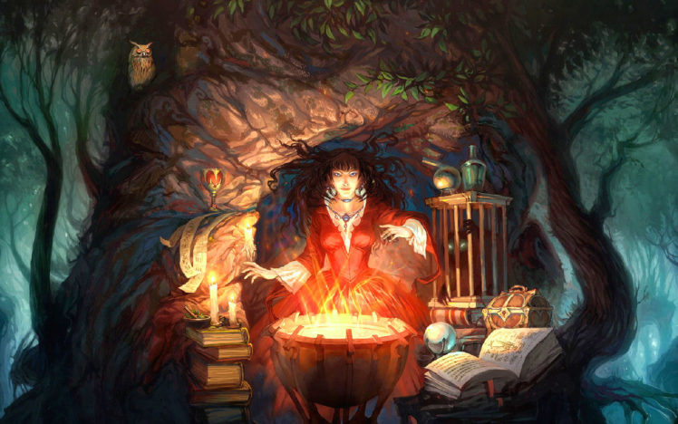 witch, Occult, Wiccan, Wicca, Cauldron, Fire, Flames, Magic, Book, Spell, Book, Trees, Forest, Cg, Digital, Art, Artistic, Forest, Detail, Dark, Halloween, Fantasy HD Wallpaper Desktop Background