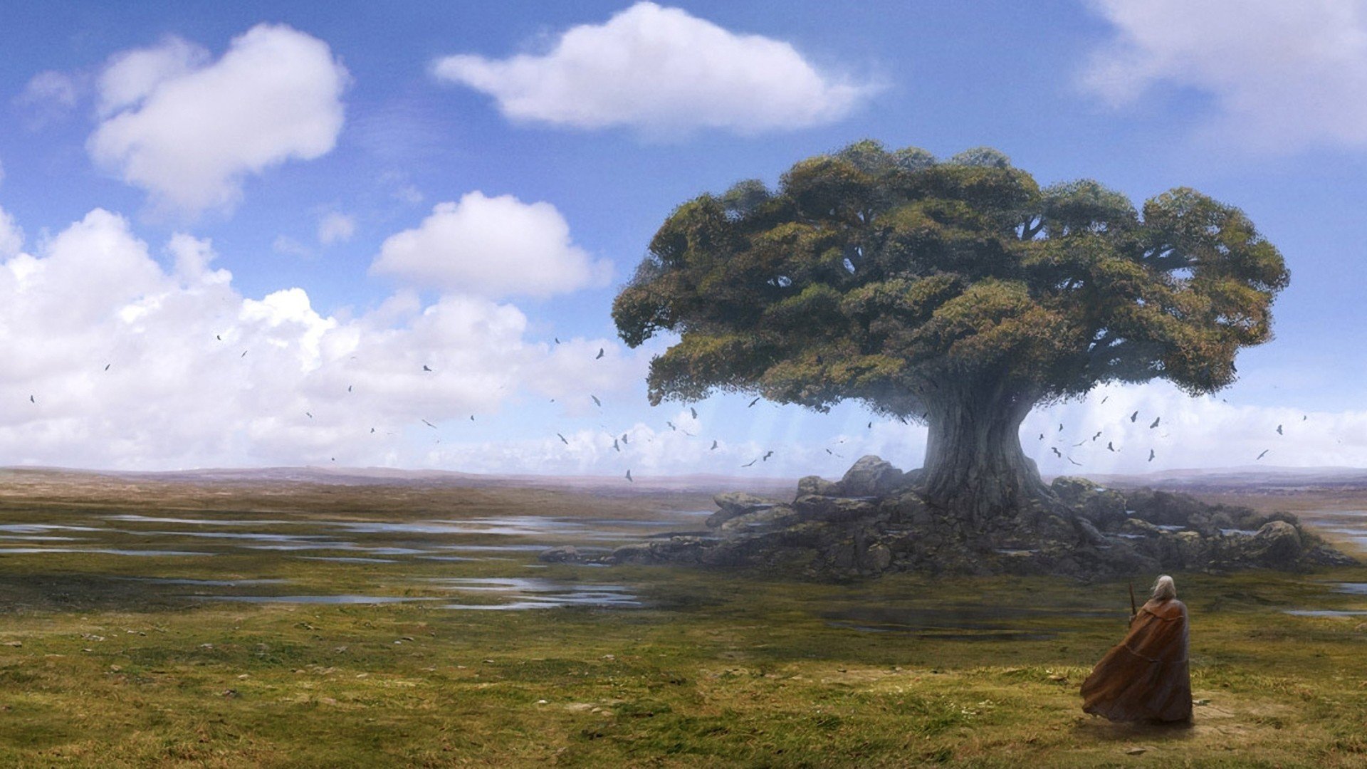 clouds, Landscapes, Horizon, Trees, Artwork, Drawings, Plains, Crows, Skyscapes, Andreas, Rocha Wallpaper