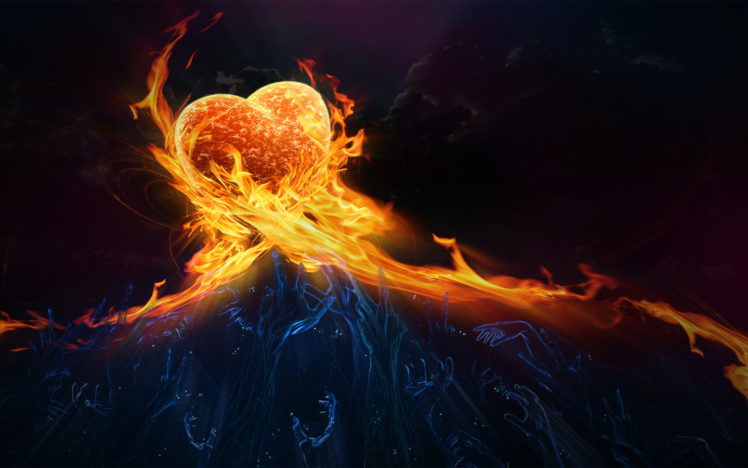love, Romance, Hate, Fire, Flames, Ice, Mood, Emotion, Cold, Hot, Ying, Yang, Heart, 3d, Cg, Digital, Color, Artistic, Mood, Emotion, Psychedelic HD Wallpaper Desktop Background