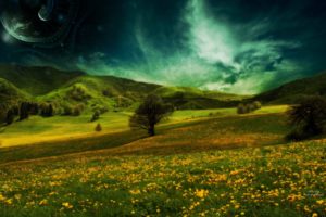 nature, Landscapes, Fields, Flowers, Hills, Plants, Trees, Sky, Clouds, Dream, Planets, Moon, Fantasy, Manipulation, Cg, Digital, Art, Photography