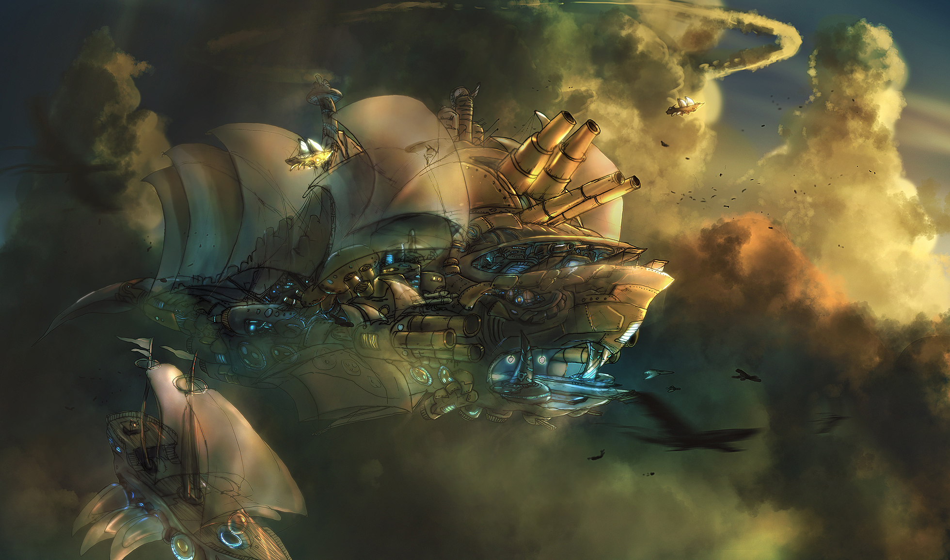 fantasy, Steampunk, Punk, Sci, Fi, Science, Fiction, Vehicles, Ships, Architecture, Cities, Sky, Clouds, Flight, Fly, Spaceship, Space, Craft, Sunlight, Sunset, Sunrise, Paintings, Artistic, Detail, Cg, Digital Wallpaper