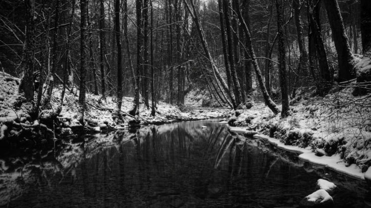 black, White, Monochrome, Nature, Landscapes, Trees, Forests, Rivers, Streams, Water, Reflection, Dark, Winter, Snow, Seasons HD Wallpaper Desktop Background