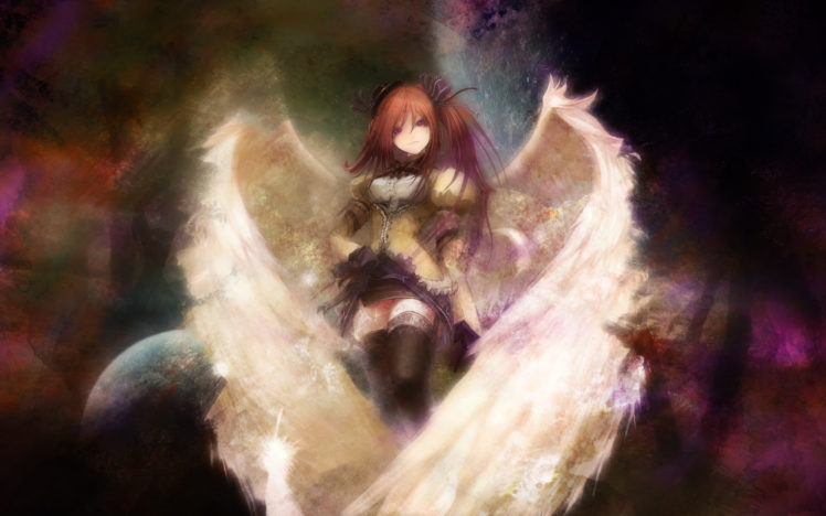 anime, Manga, Fantasy, Angels, Art, Artistic, Wings, Redhead, Women, Females, Girls, Planets HD Wallpaper Desktop Background