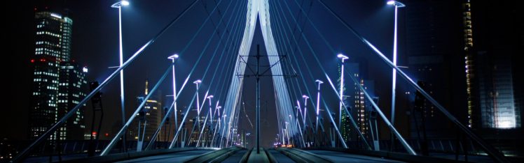 night, Lights, Bridges, Holland, Rotterdam, The, Netherlands, Erasmusbrug HD Wallpaper Desktop Background