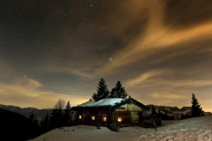 mountains, Winter, Night, Stars, Skyscapes, Cottage, Night, Sky