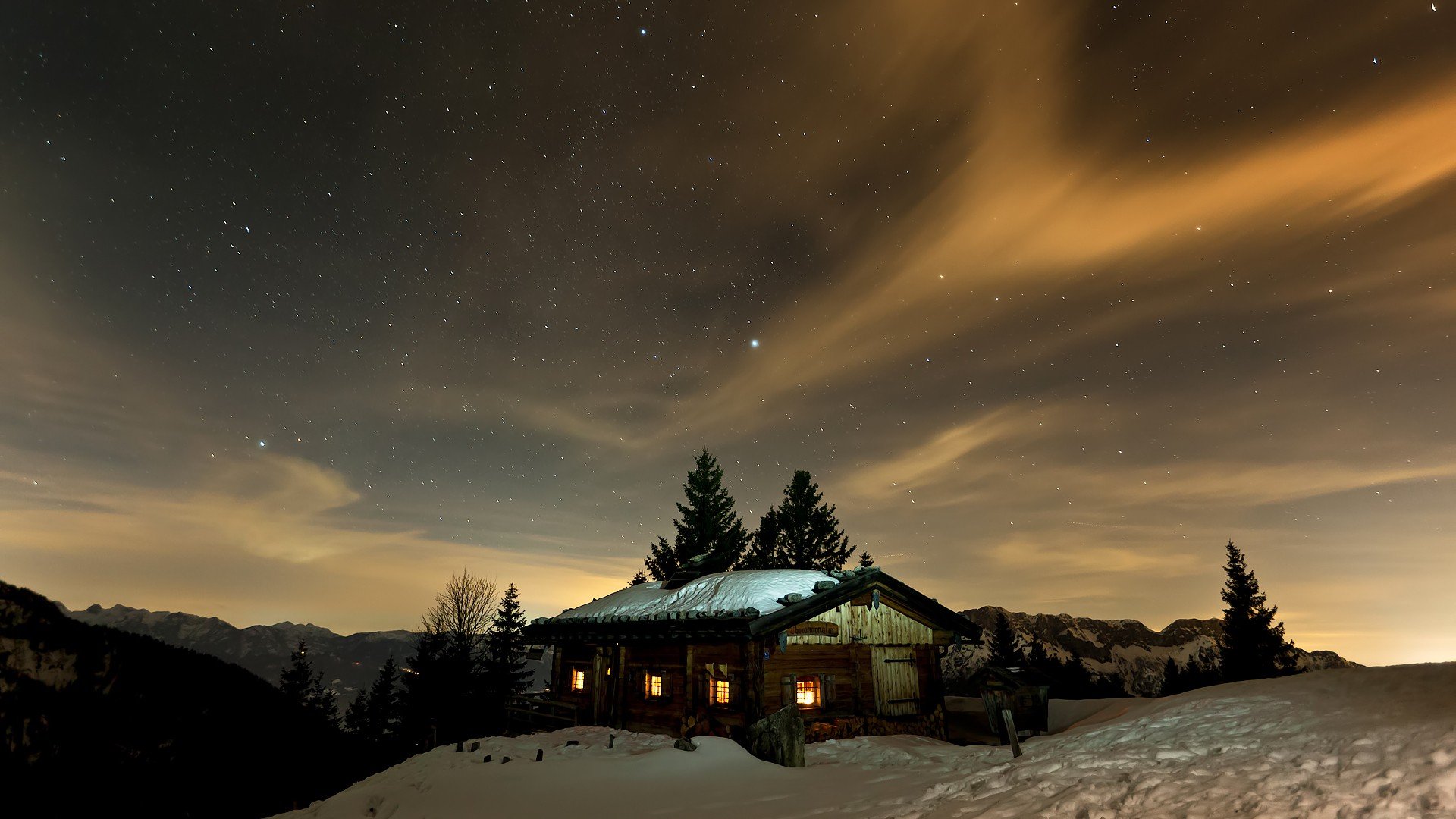 mountains, Winter, Night, Stars, Skyscapes, Cottage, Night, Sky Wallpaper