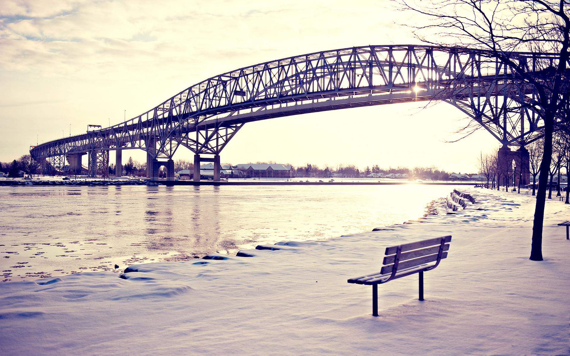 world, Architecture, Bridges, Steel, Structure, Metal, Sky, Clouds, Sunlight, Roads, Rivers, Ice, Water, Shore, Landscapes, Winter, Snow, Seasons, Scenic, Bench, Trees, Buildings Wallpaper