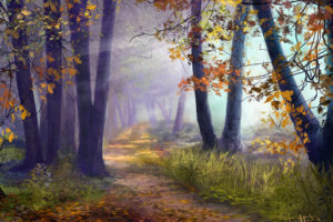 artistic, Art, Paintings, Path, Trail, Leaves, Nature, Landscapes, Trees, Forests, Autumn, Fall, Seasons, Sunlight, Sunbeam, Sun, Colors