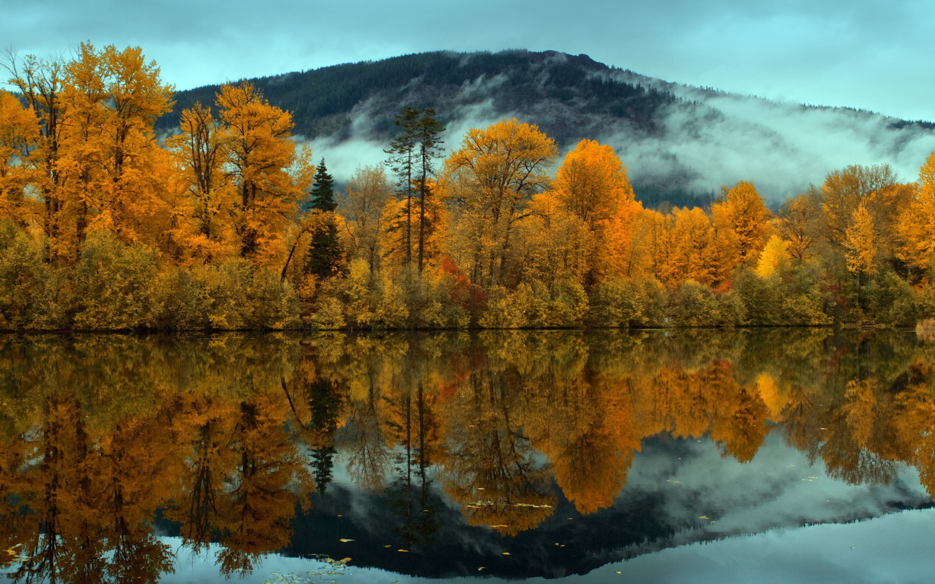 nature, Landscapes, Trees, Forest, Mountains, Clouds, Fog, Mist, Sky, Clouds, Gray, Autumn, Fall, Seasons, Lakes, Rivers, Pond, Reflection Wallpaper