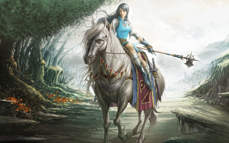 lineage, Fantasy, Roads, Nature, Trees, Forest, Flowers, Path, Trail, Tracks, Animals, Horses, Ornamental, Armor, Staff, Art, Artistic, Women, Females, Girls, Magic HD Wallpaper Desktop Background