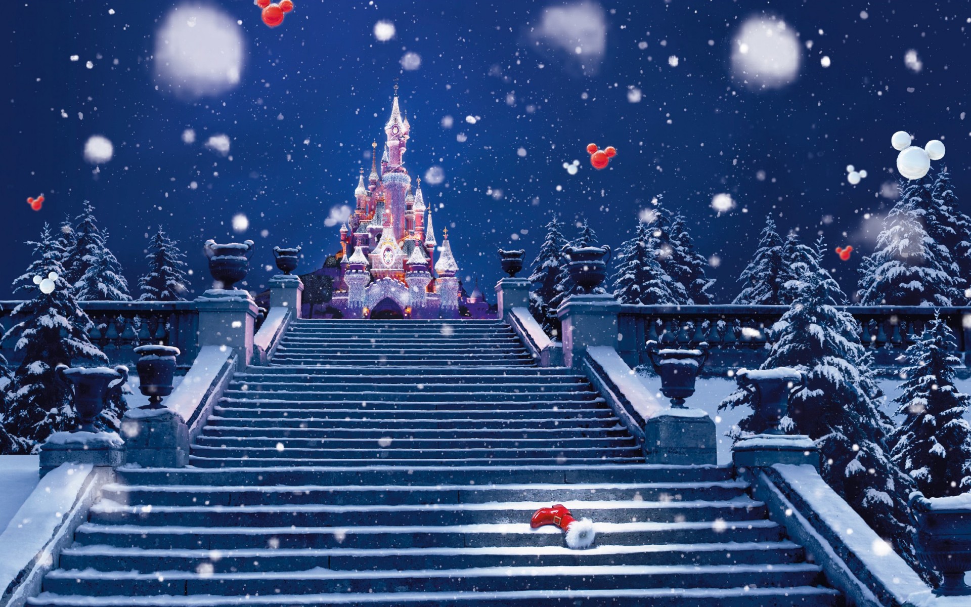 holidays, Christmas, Children, Disney, Winter, Snow, Snowing, Flakes, Drops, Stairs, Magical, Castle, Mickey Wallpaper