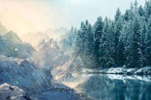 manipulation, Cg, Digital, Art, Artistic, Rivers, Lakes, Water, Reflection, Cold, Shore, Trees, Forest, Winter, Snow, Seasons, Snowing, Wind, Flakes, Drops, Sparkle