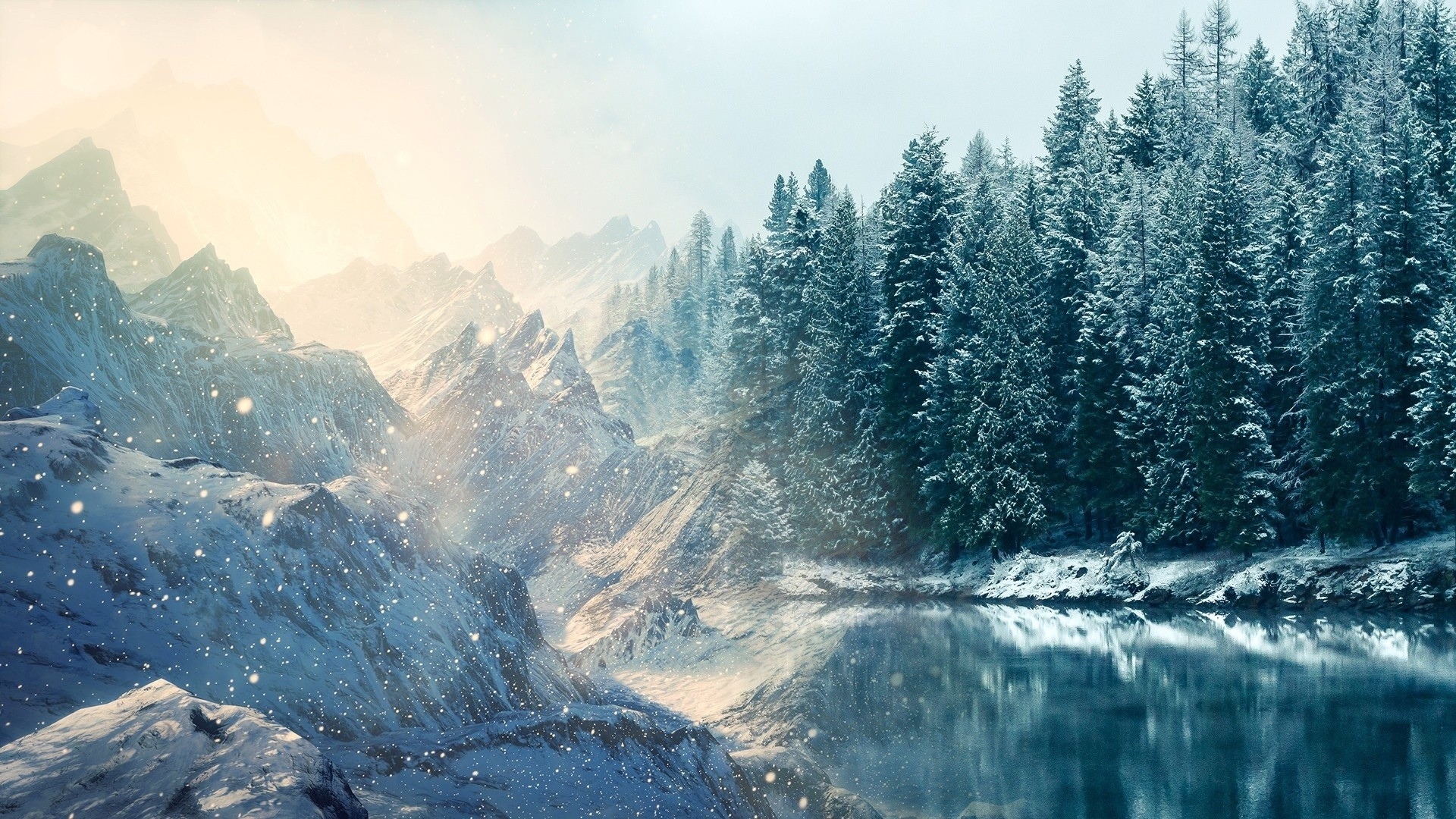 manipulation, Cg, Digital, Art, Artistic, Rivers, Lakes, Water, Reflection, Cold, Shore, Trees, Forest, Winter, Snow, Seasons, Snowing, Wind, Flakes, Drops, Sparkle Wallpaper