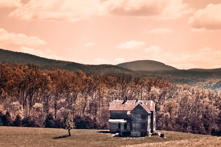 sepia, Ruins, Decay, Abandoned, Wreck, Architecture, Buildings, Houses, Fields, Farm, Trees, Forest, Leves, Autumn, Fall, Seasons, Hill, Mountains, Sky, Clouds, Sunlight HD Wallpaper Desktop Background