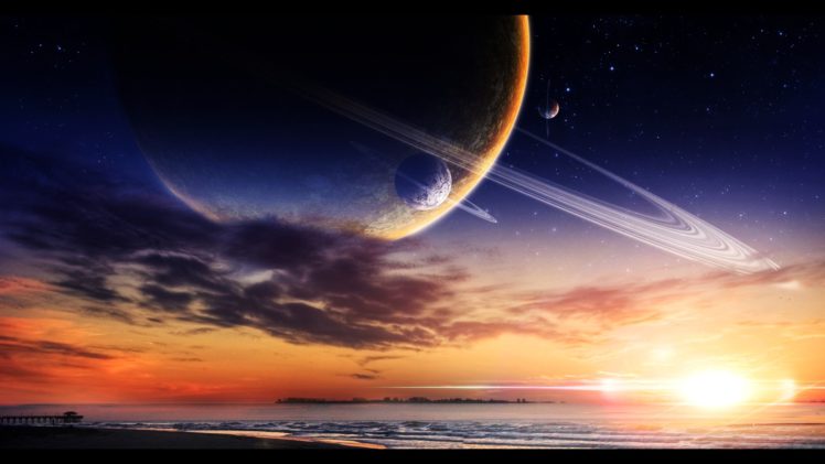 manipulation, Cg, Digital, Art, Artistic, Sci, Fi, Science, Fiction, Planets, Moons, Space, Sky, Clouds, Sunset, Sunrise, Stars, Dream, Beaches, Ocean, Sea, Waves, Color, Sun, Sand, Jetty, Pier, Dock, Architectur HD Wallpaper Desktop Background
