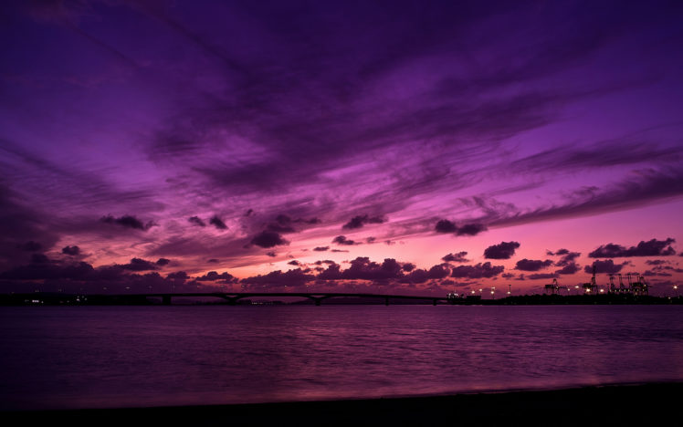 world, Architecture, Ports, Crane, Shipping, Terminal, Night, Lights, Nature, Beaches, Bay, Harbor, Lakes, Water, Sky, Clouds, Color, Sunrise, Sunset, Purple, Buildings, Scenic, View HD Wallpaper Desktop Background