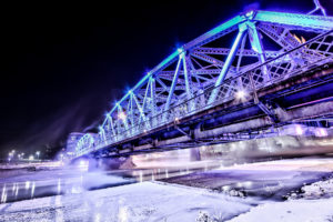 world, Architecture, Steel, Metal, Bridges, Roads, Structure, Lights, Purple, Blue, Night, Bright, Contrast, Rivers, Canal, Water, Winter, Snow, Cold, Seasons, Ice, Freezing