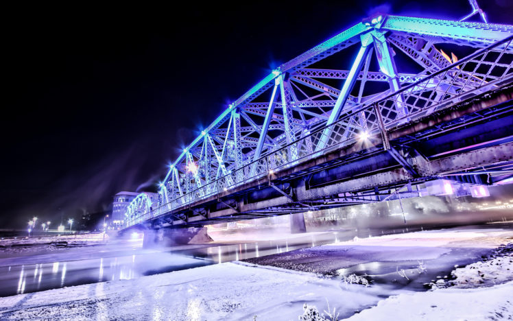 world, Architecture, Steel, Metal, Bridges, Roads, Structure, Lights, Purple, Blue, Night, Bright, Contrast, Rivers, Canal, Water, Winter, Snow, Cold, Seasons, Ice, Freezing HD Wallpaper Desktop Background