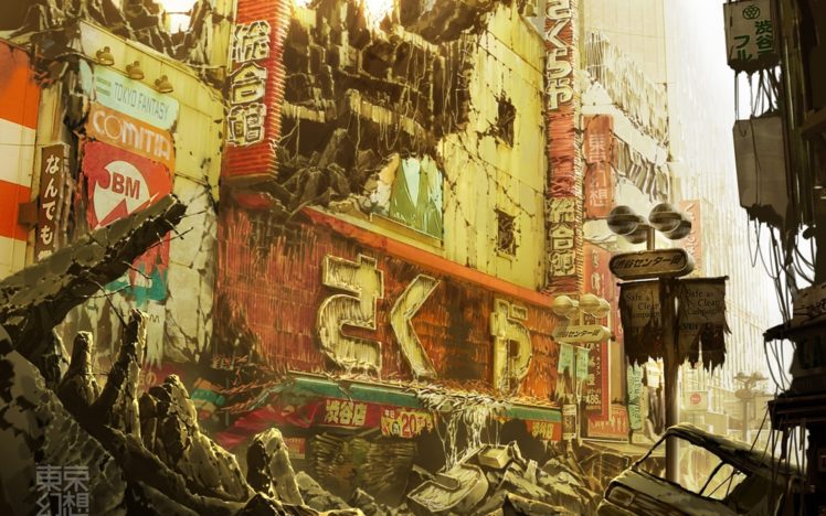 post, Apocalyptic, Tokyogenso, Asian, Oriental, Japan, Tokyo, Ruin, Decay, Destruction, Architecture, Buildings, Signs, Roads, Street, Art, Artistic, Cg, Digital, Wreckage, Wreck, Detail, Horror, Scary, Creepy, S HD Wallpaper Desktop Background