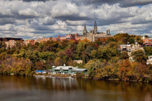 georgetown, University, School, College, World, Architecture, Buildings, Tower, Spire, Trees, River, Lake, Shore, Autumn, Fall, Seasons, Sky, Clouds, Leaves, Scenic