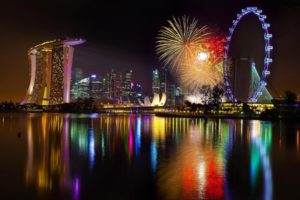 singapore, World, Architecture, Buildings, Skyscraper, Night, Lights, Sign, Neon, Fireworks, Holiday, Celebration, Festive, Lakes, Water, Pool, Reflection, Bay, Harbor, Ferris, Wheel, Color, Sky
