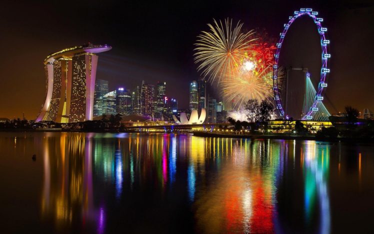 singapore, World, Architecture, Buildings, Skyscraper, Night, Lights, Sign, Neon, Fireworks, Holiday, Celebration, Festive, Lakes, Water, Pool, Reflection, Bay, Harbor, Ferris, Wheel, Color, Sky HD Wallpaper Desktop Background