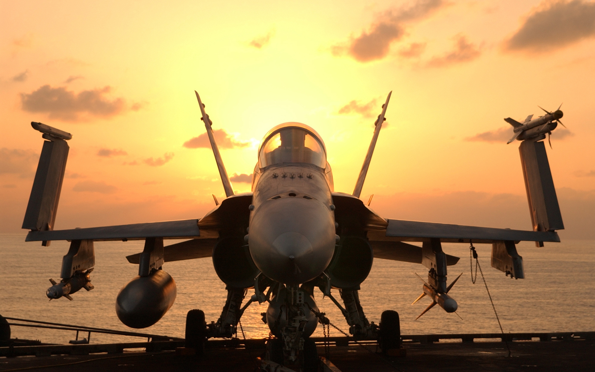vehicles, Aircraft, Airplanes, Plane, Wings, Ships, Boats, Carrier, Ocean, Sea, Seascape, Weapons, Cannon, Bombs, Missile, Sunrise, Sunset, Sky, Clouds Wallpaper