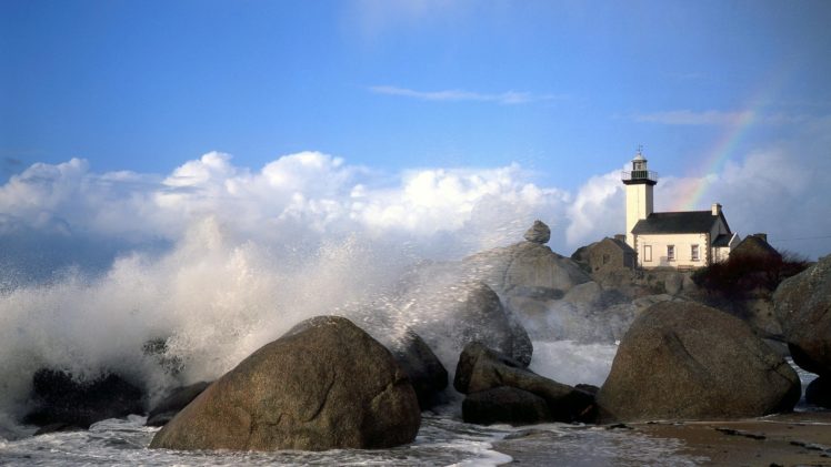 world, Architecture, Buildings, Lighthouse, Structures, Light, Lamp, Glass, Window, Nature, Beaches, Ocean, Sea, Waves, Spray, Drops, Sky, Clouds, Rocks, Shore, Coast HD Wallpaper Desktop Background