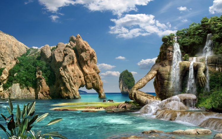 photography, Manipulation, Cg, Digital, Art, Fantasy, Tropical, Waterfall, Nature, Resort, Landscapes, Beaches, Animals, Horses, Cliff, Stone, Rock, Lagoon, Water, Ocean, Sea, Sky, Clouds, Statue, Jungle, Trees HD Wallpaper Desktop Background