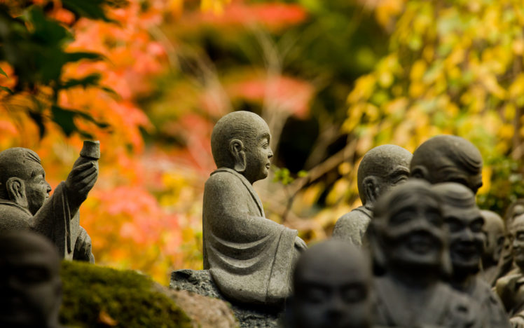 miyajima, Japan, Temple, Statues, Shaka, Nyorais, Disciples, Hiroshima, Buddha, Religion, Garden, Zen, Leaves, Autumn, Fall, Photography HD Wallpaper Desktop Background