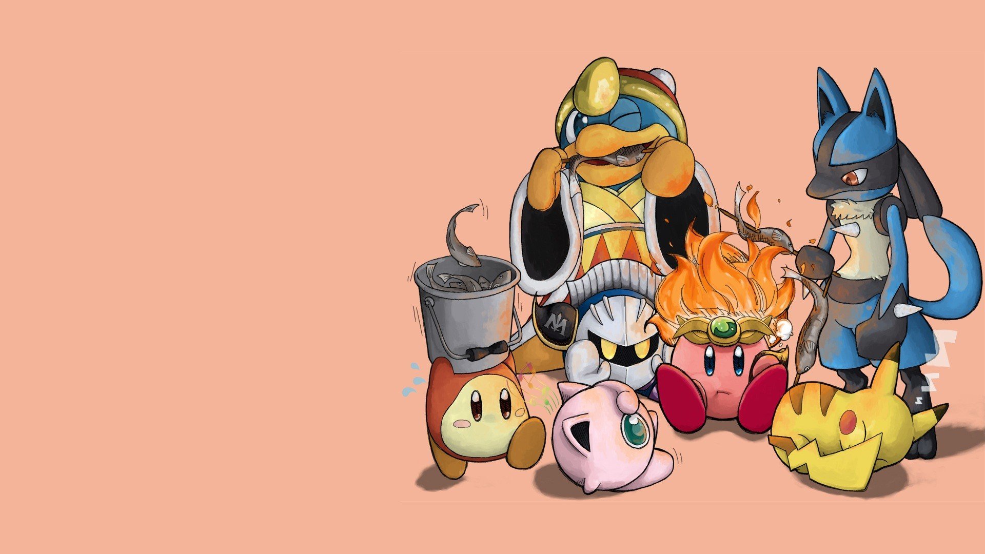 kirby, Pokemon, Video, Games, Pikachu, King, Dedede, Camping, Simple, Background, Lucario, Jigglypuff, Metaknight, Super, Smash, Brothers, Waddle, Dee Wallpaper