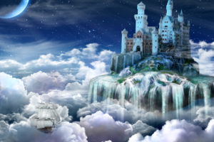 fantasy, Dream, Art, Cg, Digital, Art, Manipulation, Magic, Clouds, Sky, Vehicles, Ship, Boat, Waterfall, Islands, Tower, Island, Stars, Moon