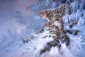 snow, Leopards, Animals, Cats, Predator, Art, Paintings, Winter, Snow, Seasons, Mountains, Hill