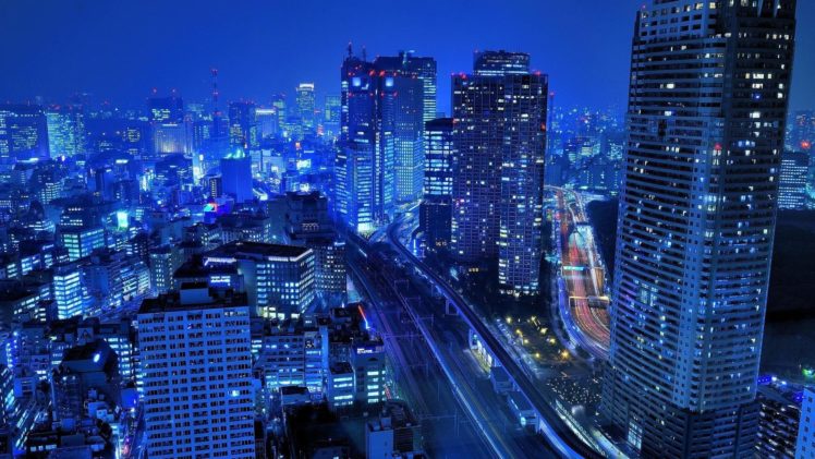 light, Japan, Blue, Tokyo, Cityscapes, Night, Buildings, Roads HD Wallpaper Desktop Background